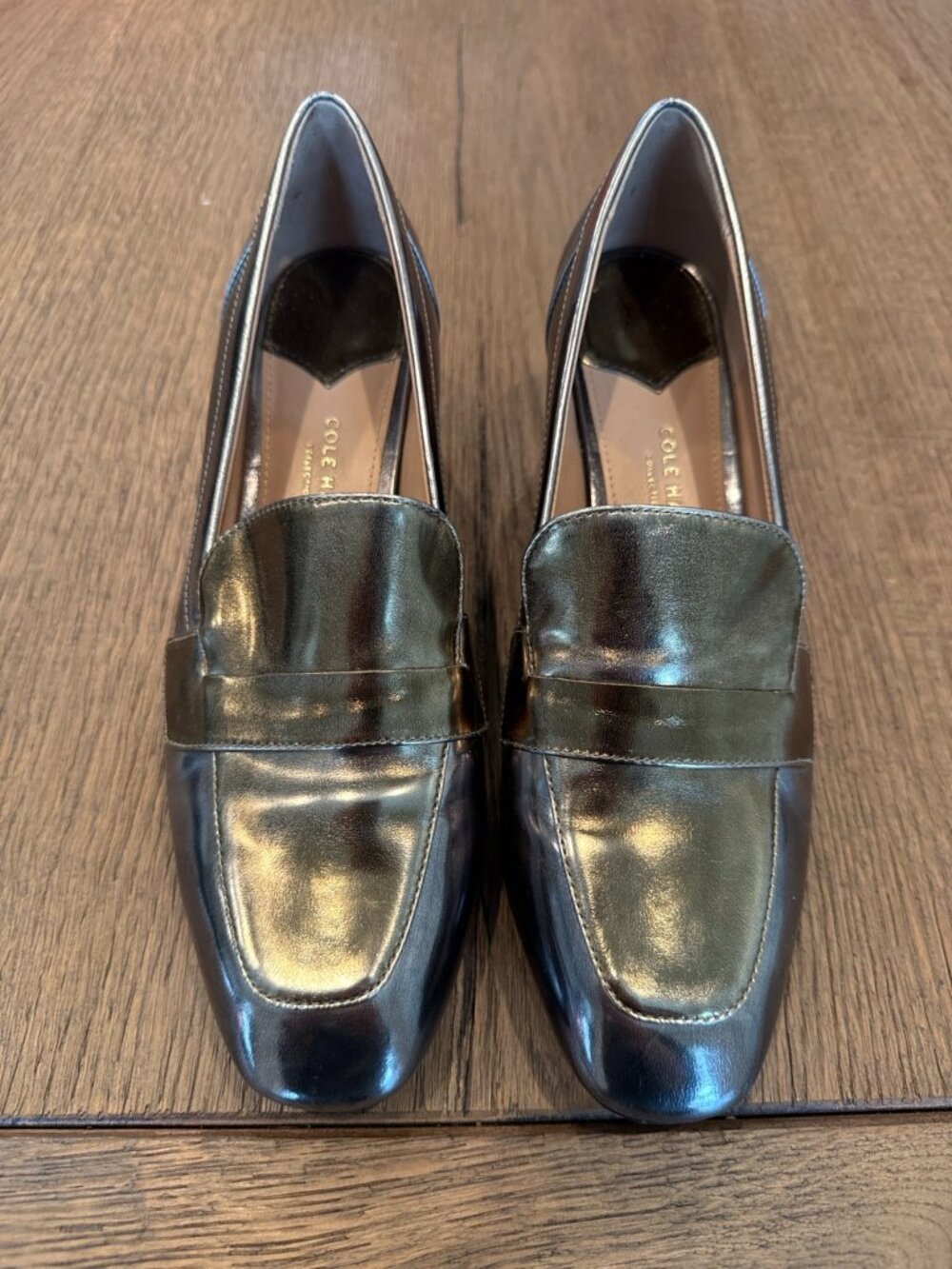 Cole Haan Block Heel Loafers Size 7.5B Metallic Leather Pumps